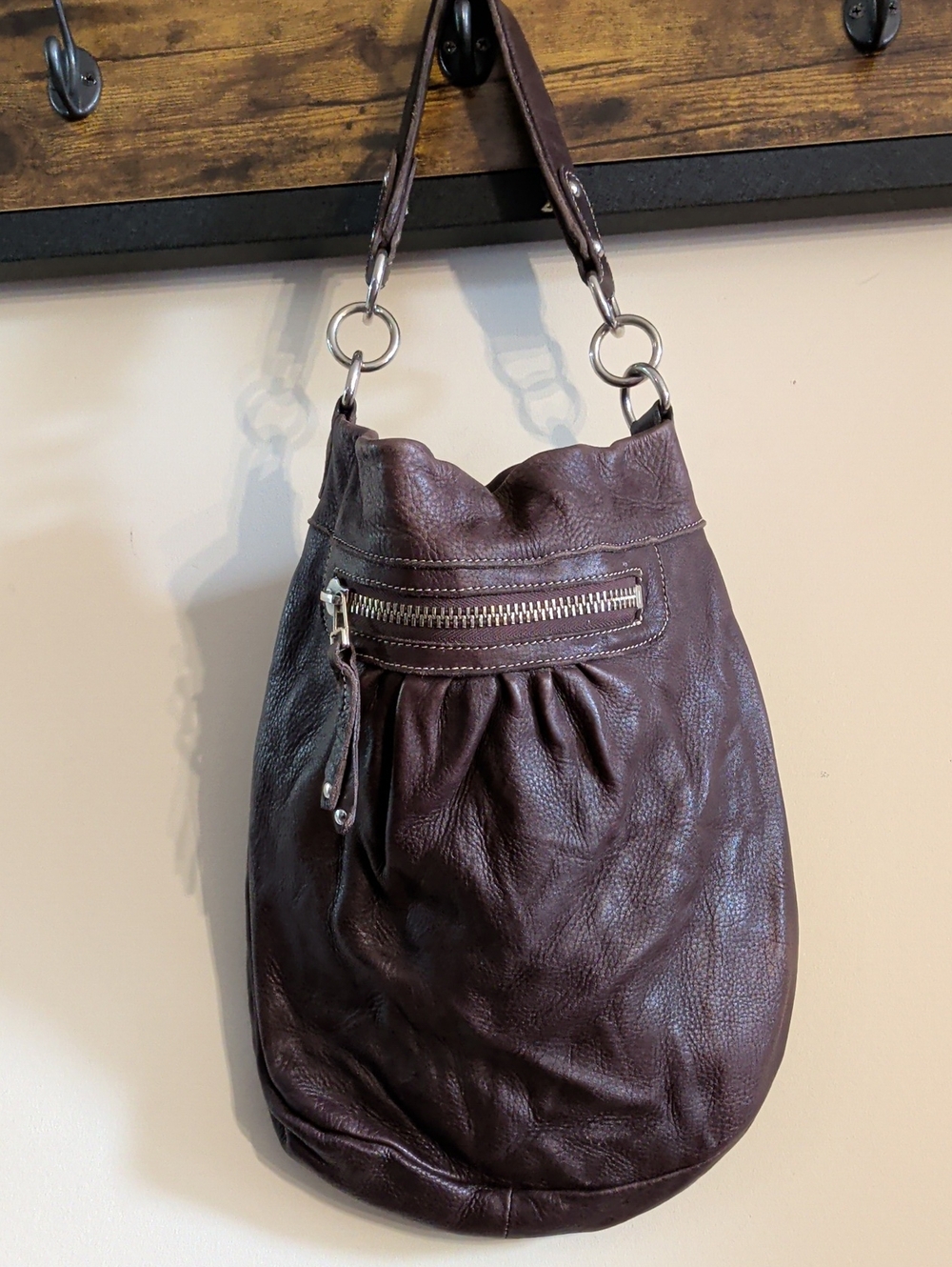 Roots Brown Leather Shoulder Hobo Bag with Ring Accents